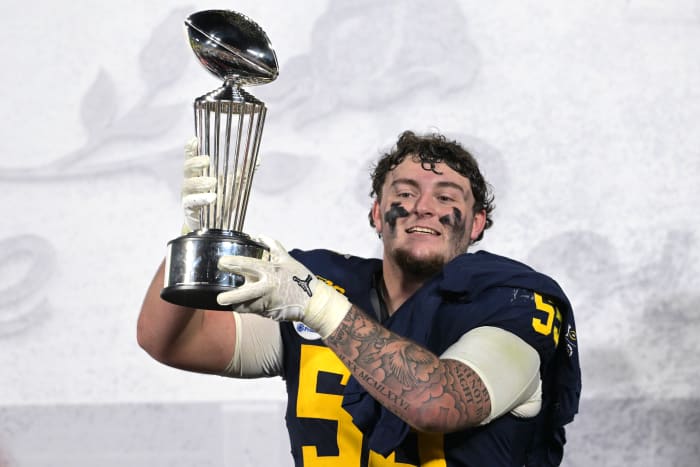 Michigan sophomore defensive lineman Mason Graham celebrates after winning the Rose Bowl. Graham was a standout at Servite High in Southern California.